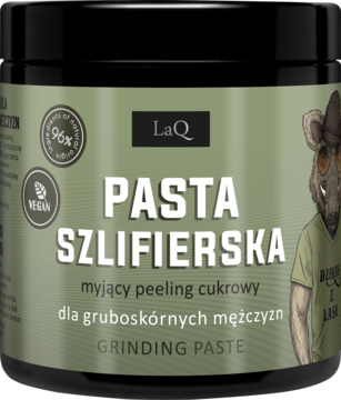LaQ Pasta Szlifierska, wegański peeling cukrowy dla mężczyzn, ciemnozielony słoik z postacią dzika, widok z przodu.