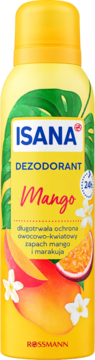 Isana Dezodorant Mango, żółty spray z grafiką mango, marakui, kwiatów i tropikalnych liści. Długotrwała ochrona, widok z przodu.