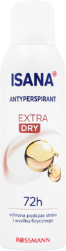 Biały antyperspirant w sprayu Isana Extra Dry 72h, z napisem Rossmann i złotymi kroplami, widok z przodu.