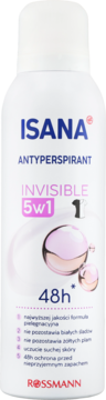 Biały spray Isana Antyperspirant Invisible 5w1 48h, z różowymi kropelkami na etykiecie, widok z przodu.