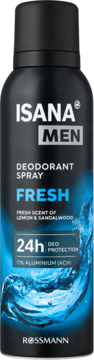 Isana Men Fresh dezodorant spray 24h w czarnej puszce z niebieskimi falami, przód z napisem Lemon & Sandalwood.