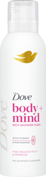 Pianka Dove Body+Mind Rich Shower Foam, biała butelka, widok z przodu, różowy smoczy owoc, witamina E.