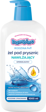Bambino Rodzina nawilżający żel pod prysznic 1000 ml, biała butelka z niebieskim dozownikiem, widok z przodu.