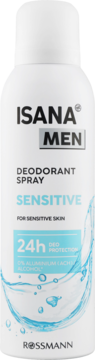 Biały dezodorant Isana Men Sensitive 24h w sprayu do skóry wrażliwej, z niebieskimi falami, widok z przodu.