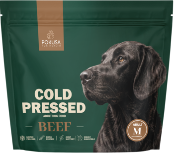 Ciemnozielona torba Pokusa for Health Cold Pressed Adult Beef dla psa rasy M, z wizerunkiem czarnego labradora.