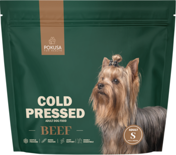 Zielona torebka karmy Pokusa Cold Pressed Adult Beef dla małych ras, z psem Yorkshire Terrier i napisem S.