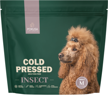Zielona torba karmy dla psów Pokusa Cold Pressed Insect z pudlem, napis 'M' dla średnich ras.