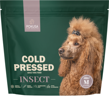 Pokusa Cold Pressed Adult Insect karma dla psa w ciemnozielonej torbie z wizerunkiem pudla, rozmiar M.