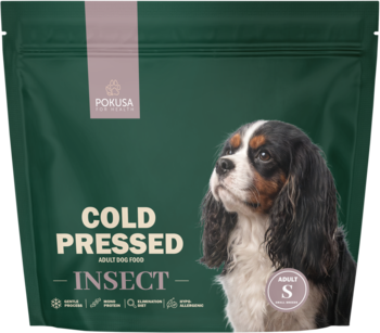 Zielona torba Pokusa Cold Pressed Adult Insect karma dla psa, z Cavalierem i oznaczeniem S.