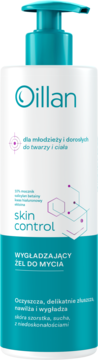 Oillan Skin Control wygładzający żel do mycia w białej butelce z turkusową pompką, na szorstką skórę.