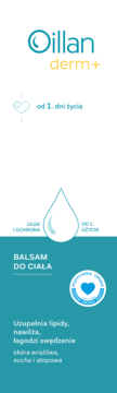 Oillan derm+ Balsam do ciała, biało-turkusowe opakowanie, przód, dla skóry atopowej i suchej od 1. dnia życia.