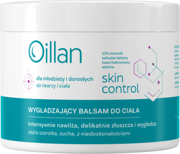 Oillan Skin Control balsam wygładzający do ciała z 10% mocznikiem, biały słoik z tealową etykietą, widok z góry.