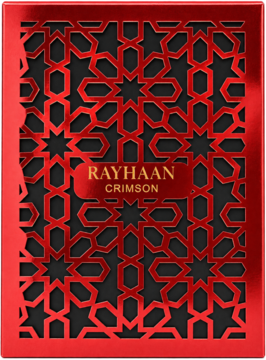 Rayhaan Crimson Woda Perfumowana, czerwone metaliczne opakowanie z ażurowym orientalnym wzorem, widok z przodu.