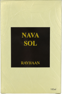 Opakowanie perfum Rayhaan Nava Sol 100ml, beżowy kartonik z czarnym panelem i złotym napisem.
