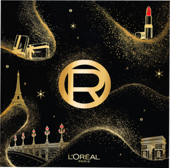 Kalendarz adwentowy L'Oréal Paris. Czarne pudełko ze złotymi ilustracjami Paryża, kosmetyków i logo R.