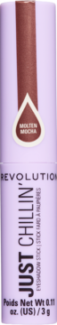 Fioletowy cień do powiek w sztyfcie Revolution Just Chillin' Molten Mocha, widok z przodu z brązowym rdzeniem.