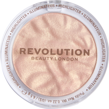 Revolution Reloaded Highlighter Make An Impact, beżowo-złoty wypiekany rozświetlacz w okrągłym, transparentnym kompakcie.