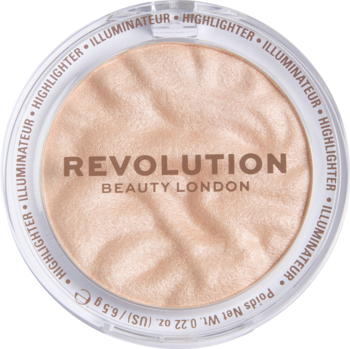 Revolution Reloaded Highlighter, okrągły kompakt z wypiekanym rozświetlaczem w szampańskim odcieniu, widok z góry.