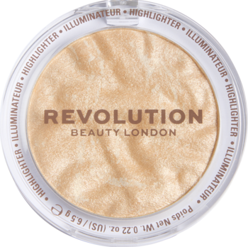 Revolution Reloaded Highlighter Raise The Bar, złoty rozświetlacz z falistym wzorem, w okrągłym kompakcie, widok z góry.