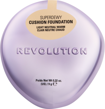 Revolution Superdewy Cushion Foundation Light Neutral Warm, liliowy kompakt z błyszczącym wykończeniem, widok z góry.