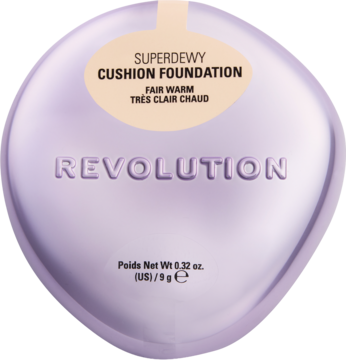 Fioletowy kompakt Revolution Superdewy Cushion Foundation Fair Warm, z beżową etykietą, widok z góry.