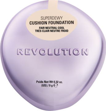 Liliowy podkład Revolution Superdewy Cushion Foundation Fair Neutral Cool w błyszczącym kompakcie, widok z przodu.