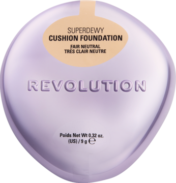 Rewolucja Superdewy Cushion Foundation Fair Neutral, fioletowy kompakt, dewy wykończenie, widok z przodu.