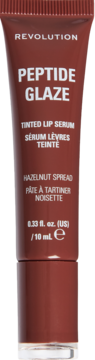 Revolution Peptide Glaze Tinted Lip Serum, odcień Hazelnut Spread, brązowa tubka, widok z przodu, 10ml.
