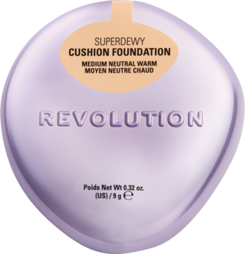 Jasnofioletowy kompakt Revolution Superdewy Cushion Foundation, Medium Neutral Warm, do świeżej cery.