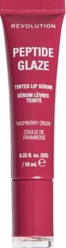 Revolution Peptide Glaze Tinted Lip Serum Raspberry Crush w różowej tubce, widok z przodu, z białymi napisami.