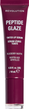 Revolution Peptide Glaze Tinted Lip Serum Blueberry Muffin w ciemnofioletowej tubce, widok z przodu.