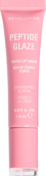 Revolution Peptide Glaze Tinted Lip Serum, Strawberries & Cream, różowa tuba 10ml, białe napisy, widok z przodu.
