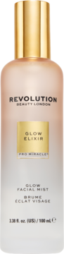 Butelka Revolution Beauty London Glow Elixir Facial Mist, transparentna z brzoskwiniowym połyskiem, złota nakrętka, widok z przodu.