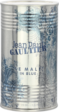 Jean Paul Gaultier Le Male In Blue, woda perfumowana w srebrnej puszce z niebieskim wzorem smoka, widok z przodu.