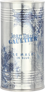 Srebrna, żłobkowana puszka perfum Jean Paul Gaultier Le Male In Blue z niebieskim wzorem orientalnym.