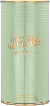 Jean Paul Gaultier LA BELLE dezodorant w sprayu, miętowa cylindryczna puszka ze złotymi napisami, widok z przodu.