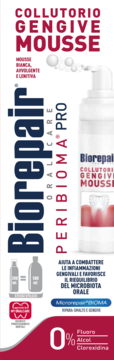 Biorepair PERIBIOMA PRO GENGIVE MOUSSE, ochronna pianka do płukania ust na dziąsła, białe opakowanie, widok z przodu.