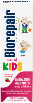 Biorepair Kids 0-6 lat, truskawkowa pasta do zębów bez fluoru, z rysunkami wiewiórek, widok z przodu opakowania.