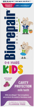 Biorepair Kids pasta do zębów dla dzieci 0-6 lat, z ochroną przed próchnicą, biało-fioletowe opakowanie, widok z przodu.