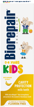 Biorepair Kids 0-6 bananowa pasta do zębów, białe opakowanie z wiewiórkami, chroni zęby mleczne, bez fluoru.