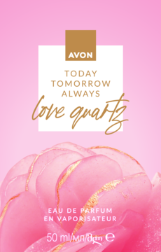 Reklama perfum Avon Today Tomorrow Always Love Quartz, 50ml, na różowym tle ze stylizowaną różą.