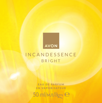 Avon Incandescence Bright Eau de Parfum 50ml, front opakowania, promienne żółte tło z logo i nazwą.