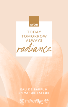 Avon Today Tomorrow Always Radiance woda perfumowana 50ml. Biała etykieta z brązowym logo na brzoskwiniowym tle kwiatów.