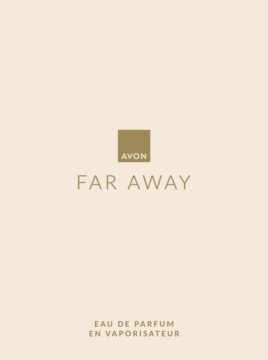 Avon Far Away woda perfumowana. Minimalistyczny plakat w beżu ze złotym logo, zapach jaśminu i wanilii.