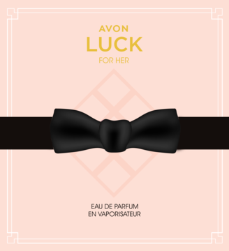 Avon Luck For Her woda perfumowana. Różowy front opakowania z czarną satynową kokardą i złotym napisem.