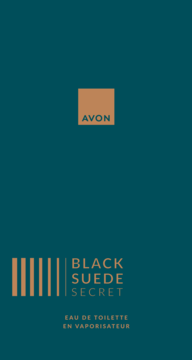 Avon Black Suede Secret drzewno-żywiczna woda toaletowa, ciemnoturkusowe opakowanie ze złotymi detalami.