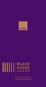 Męska woda toaletowa Avon Black Suede Charm, purpurowe opakowanie z złotym napisem i modernistycznym wzorem.