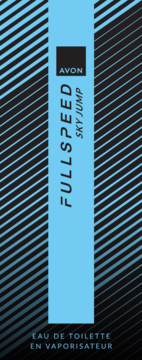 Pudełko Avon Full Speed Sky Jump Eau de Toilette. Czarny front z błękitnymi paskami i pionowym panelem.