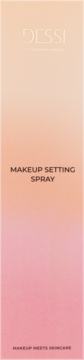 Mgiełka utrwalająca makijaż Dessi w opakowaniu ombre, brzoskwiniowo-różowym, widok z przodu. Napisy: MAKEUP SETTING SPRAY.