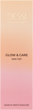 Dessi Glow & Care Skin Tint, opakowanie ombre od pomarańczowego do różowego, widok z przodu.